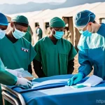 비군사적 안보 위협 - **Prompt:** A diverse group of medical professionals and military personnel working together at a bu...