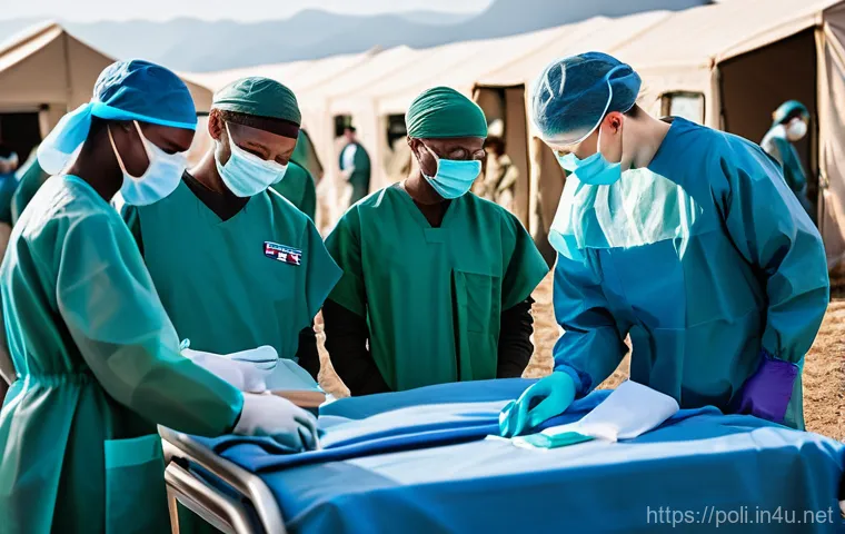 비군사적 안보 위협 - **Prompt:** A diverse group of medical professionals and military personnel working together at a bu...