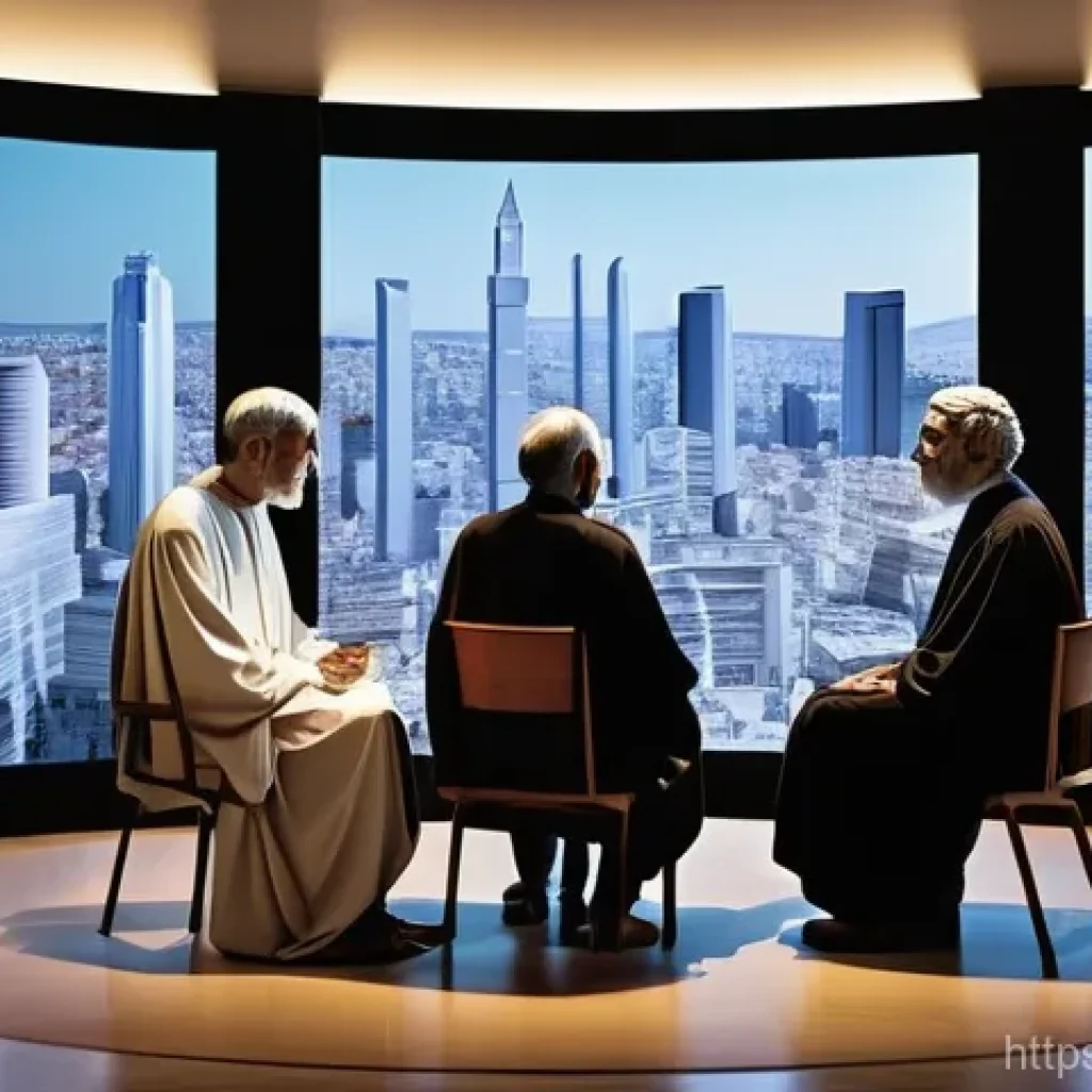 정치이론 - **Prompt:** A diverse group of classical philosophers, resembling figures like Aristotle and Plato, ...