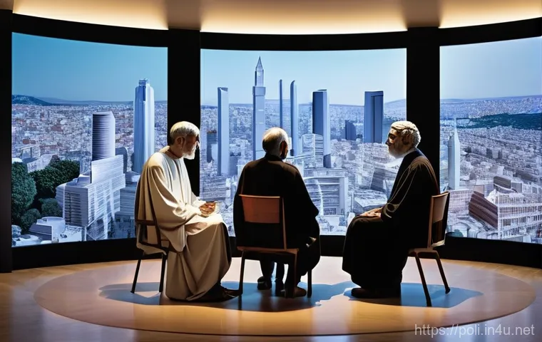 정치이론 - **Prompt:** A diverse group of classical philosophers, resembling figures like Aristotle and Plato, ...