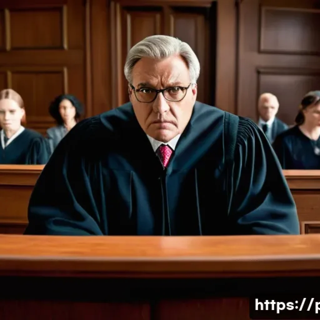 사법부와 헌법 재판 - A courtroom scene with a stern-looking judge overseeing the proceedings. A lawyer is being escorted ...