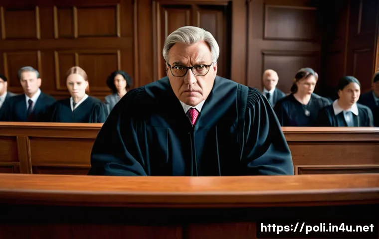 사법부와 헌법 재판 - A courtroom scene with a stern-looking judge overseeing the proceedings. A lawyer is being escorted ...