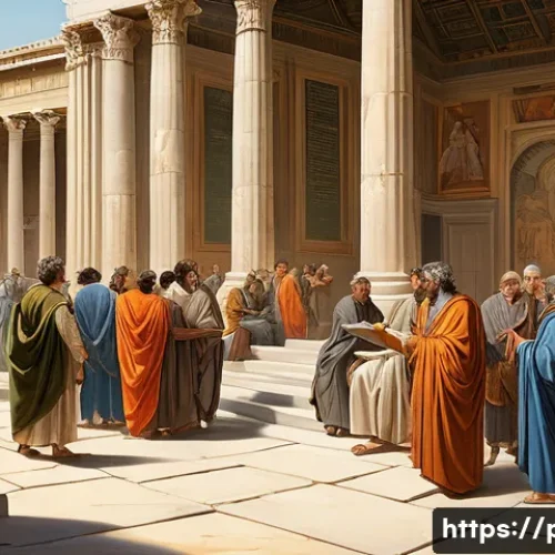 Home 26 민주주의 역사 - A vibrant, detailed illustration depicting the historical evolution of democracy. In the foreground,...