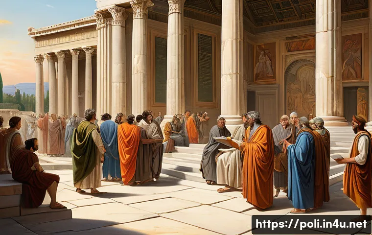 민주주의 역사 - A vibrant, detailed illustration depicting the historical evolution of democracy. In the foreground,...