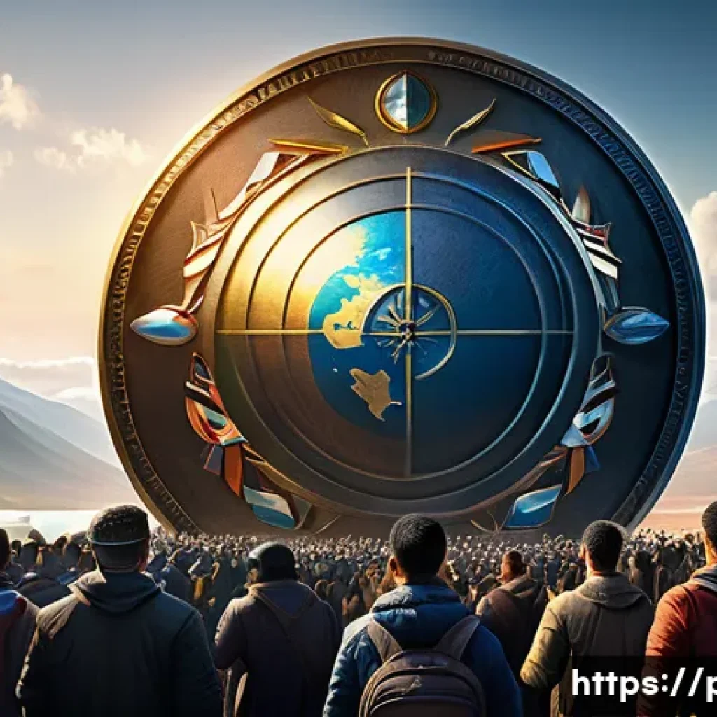 국제법과 주권 - A majestic, powerful image symbolizing national sovereignty. In the foreground, a stylized, glowing ...