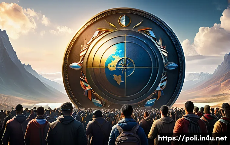 국제법과 주권 - A majestic, powerful image symbolizing national sovereignty. In the foreground, a stylized, glowing ...